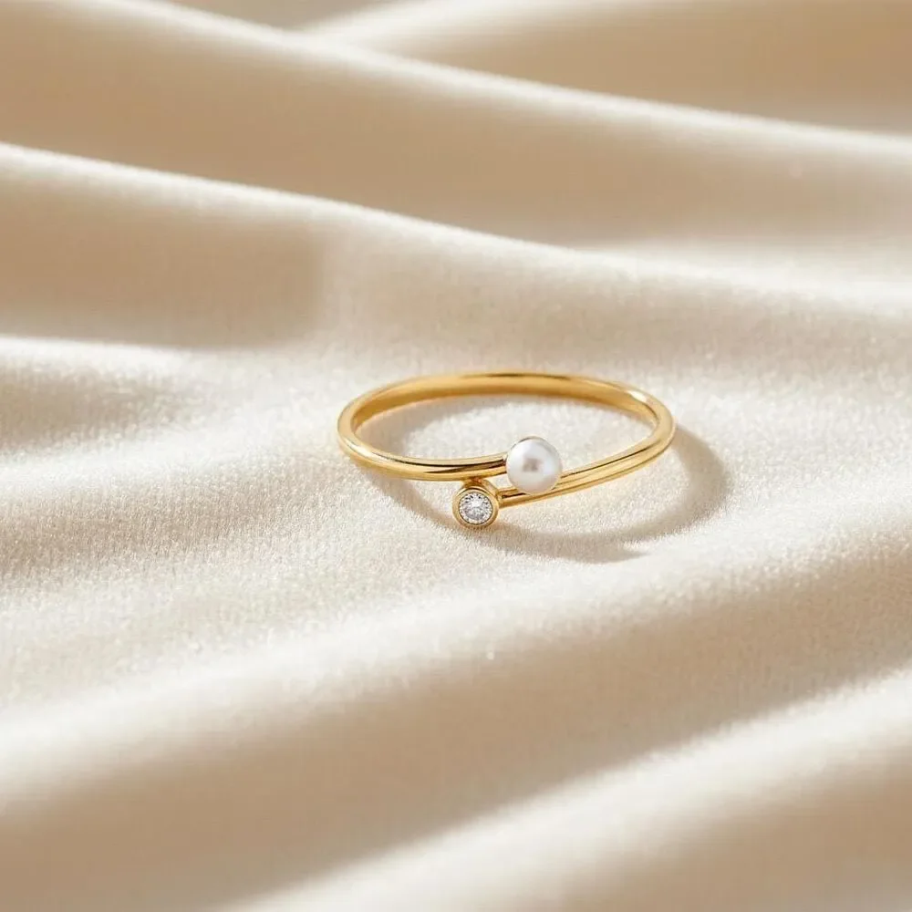 14K Gold Pearl Accent Ring | Minimalist CZ Band By Tehrani Jewelry